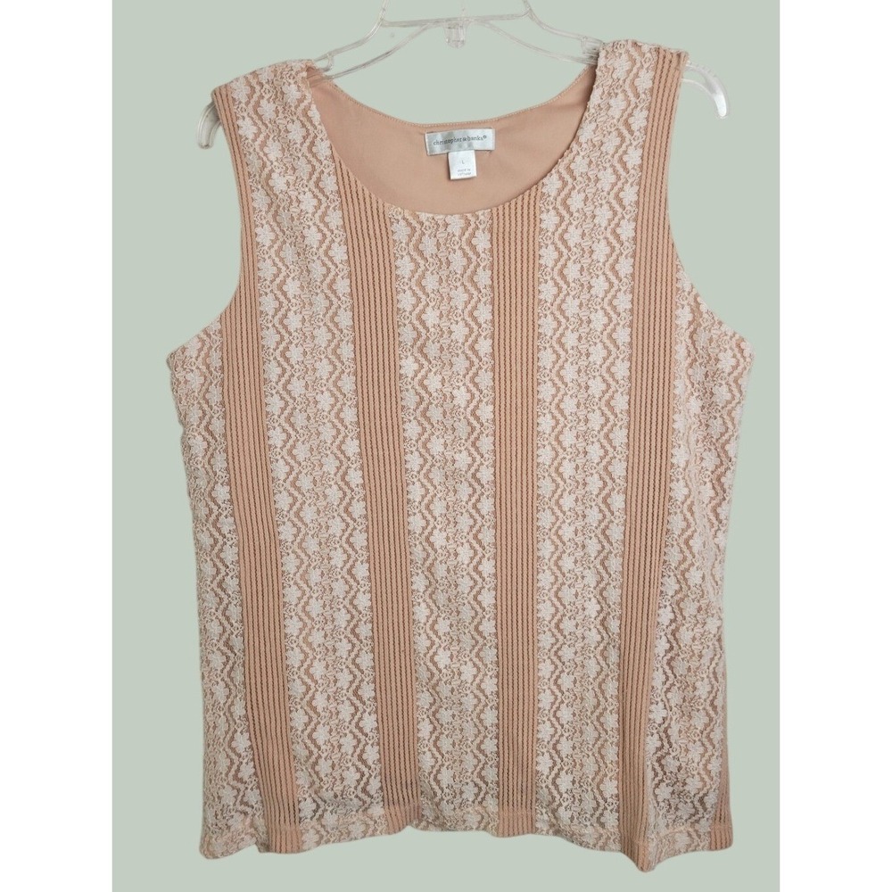 Christopher & Banks Tank Top Lace Knit Striped Sleeveless Blouse Peach Pink L